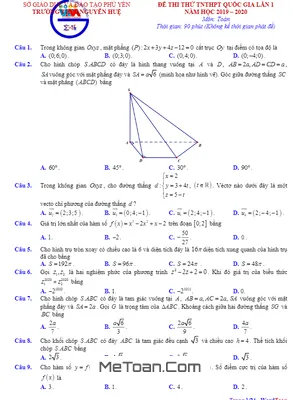 Đề thi thử tốt nghiệp THPT QG 2020 lần 1 môn Toán trường THPT Nguyễn Huệ – Phú Yên