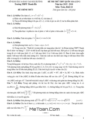 Đề thi thử THPT Quốc gia 2016 môn Toán - Trường THPT Thanh Hà - Hải Dương - Lần 2