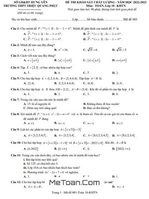 Đề Khảo Sát Toán 10 Năm 2022 - 2023 Trường THPT Triệu Quang Phục - Hưng Yên