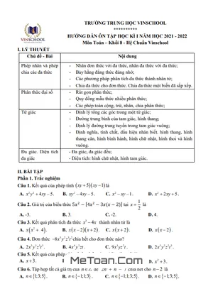 Hướng Dẫn Ôn Tập Học Kì 1 Toán 8 Năm 2021 - 2022 Trường Vinschool – Hà Nội