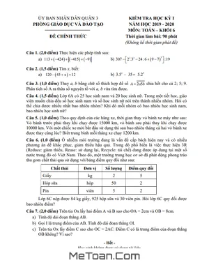 Đề thi học kỳ 1 Toán lớp 6 năm 2019 - 2020 phòng GD&ĐT Quận 3 - TP HCM