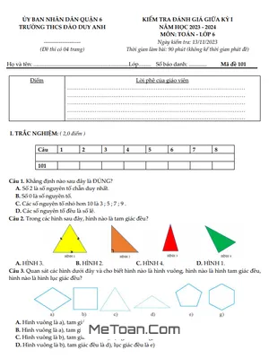 Đề Thi Giữa Kỳ 1 Toán Lớp 6 Năm 2023 - 2024 Trường THCS Đào Duy Anh - TP.HCM