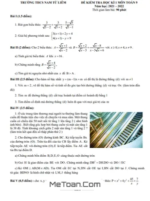 Đề thi học kì 1 Toán 9 năm 2021 - 2022 trường THCS Nam Từ Liêm - Hà Nội