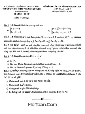 Đề giữa HK2 Toán 9 năm 2023 – 2024 trường THCS – THPT Nguyễn Khuyến – Bình Dương