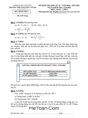 Đề thi HK2 Toán 8 năm 2019 - 2020 trường THCS Nguyễn Văn Bá - TP HCM