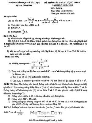 Đề khảo sát chất lượng Toán 9 năm 2023 - 2024 phòng GD&ĐT Đống Đa - Hà Nội