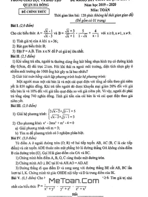 Đề khảo sát chất lượng Toán lớp 9 năm 2019 - 2020 phòng GD&ĐT Hà Đông - Hà Nội