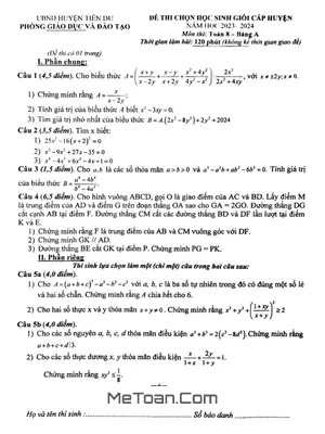 Đề thi học sinh giỏi Toán 8 năm 2023 - 2024 phòng GD&ĐT Tiên Du - Bắc Ninh