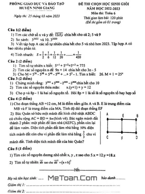 Đề thi học sinh giỏi Toán 6 năm 2022 - 2023 phòng GD&ĐT Ninh Giang - Hải Dương