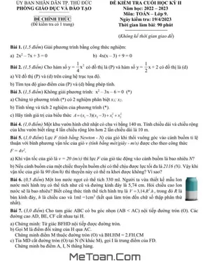 Đề thi học kỳ 2 Toán 9 năm 2022 - 2023 phòng GD&ĐT Thủ Đức - TP HCM