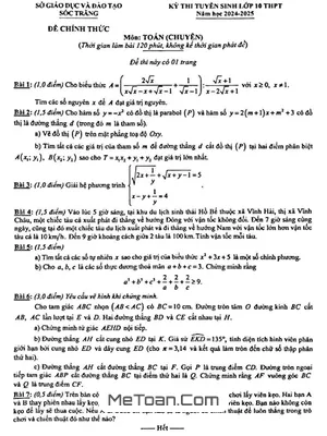Đề thi tuyển sinh lớp 10 môn Toán (chuyên) năm 2024 - 2025 sở GD&ĐT Sóc Trăng