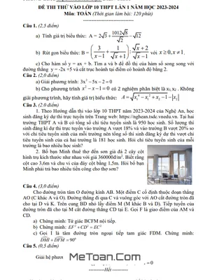 Đề thi thử Toán vào 10 lần 1 năm 2023 – 2024 phòng GD&ĐT Diễn Châu – Nghệ An