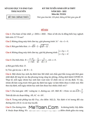Đề thi tuyển sinh lớp 10 môn Toán năm 2021 - 2022 Sở GD&ĐT Thái Nguyên