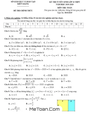 Đề thi tuyển sinh lớp 10 THPT môn Toán Sở GD&ĐT Kiên Giang năm 2019 - 2020