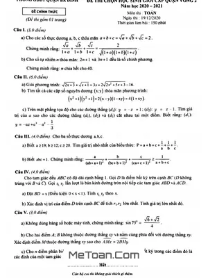 Đề thi học sinh giỏi Toán 9 vòng 2 năm 2020 - 2021 phòng GD&ĐT Ba Đình - Hà Nội