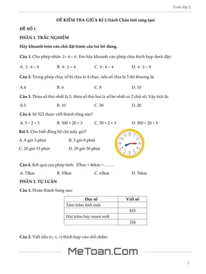 Bộ 5 Đề Thi Giữa Học Kỳ 2 Môn Toán Lớp 2 (Chân Trời Sáng Tạo)
