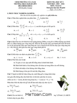 Đề thi học kì 1 Toán 8 năm 2025 – 2026 trường THCS Ngô Sĩ Liên – Hà Nội