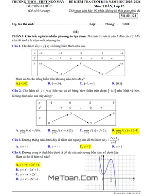 Đề thi cuối kì 1 Toán 12 năm học 2025 – 2026 trường THCS-THPT Ngô Mây – Quảng Ngãi có đáp án