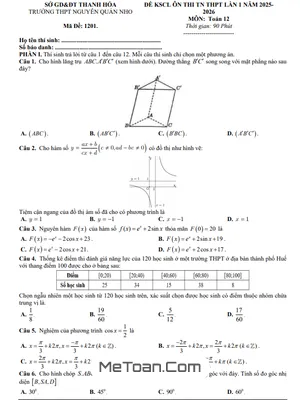 Đề Khảo Sát Chất Lượng Toán 12 Thi Tốt Nghiệp THPT 2026 Lần 1 Trường THPT Nguyễn Quán Nho – Thanh Hóa