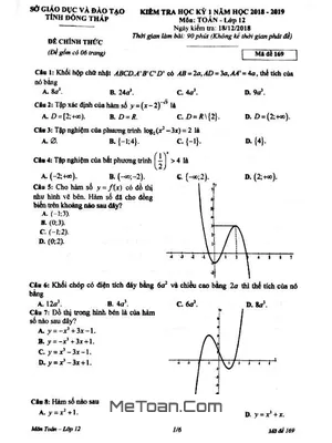 Đề thi học kỳ 1 Toán 12 năm học 2018 - 2019 sở GD&ĐT Đồng Tháp