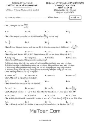 Đề KSCL đầu năm Toán 12 năm 2020 – 2021 trường Yên Phong 2 – Bắc Ninh