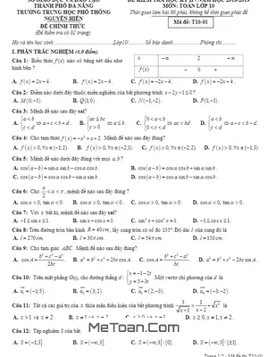 Đề thi học kỳ 2 Toán 10 năm 2018 - 2019 trường THPT Nguyễn Hiền - Đà Nẵng