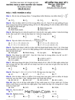 Đề thi học kỳ 1 Toán 11 năm 2020 – 2021 trường Nguyễn Tất Thành – Hà Nội