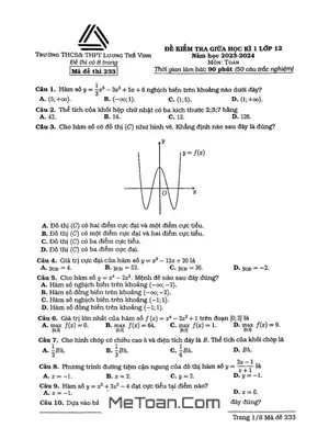 Đề giữa kì 1 Toán 12 năm 2023 - 2024 trường Lương Thế Vinh - Hà Nội