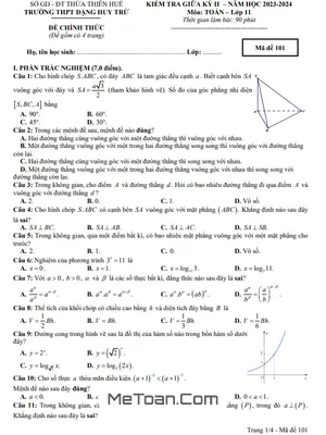 Đề thi giữa kỳ 2 Toán 11 năm 2023 - 2024 trường THPT Đặng Huy Trứ - TT Huế
