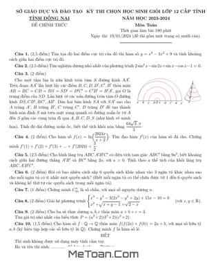 Đề học sinh giỏi Toán 12 cấp tỉnh năm 2023 - 2024 sở GD&ĐT Đồng Nai