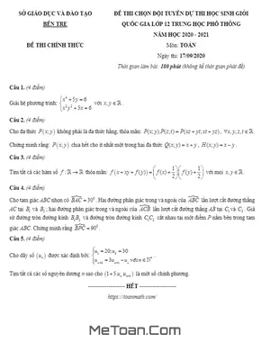 Đề chọn đội tuyển thi HSG Quốc gia Toán 12 năm 2020 – 2021 sở GD&ĐT Bến Tre