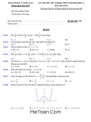Đề thi thử tốt nghiệp THPT 2022 môn Toán đợt 2 Sở GD&ĐT Thái Nguyên