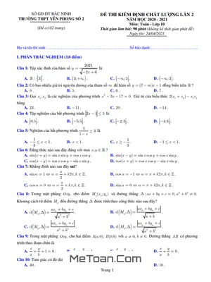 Đề kiểm tra Toán 10 lần 2 năm 2020 - 2021 trường THPT Yên Phong 2 - Bắc Ninh