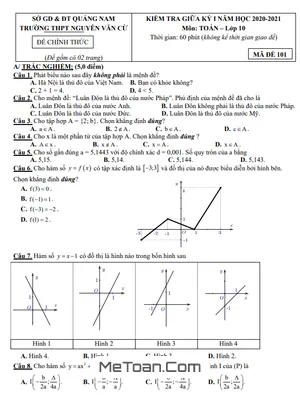 Đề Thi Giữa Kì 1 Toán 10 Năm 2020 - 2021 Trường THPT Nguyễn Văn Cừ - Quảng Nam
