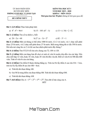 Đề thi học kỳ 1 Toán lớp 6 năm 2019 - 2020 phòng GD&ĐT Hóc Môn - TP.HCM