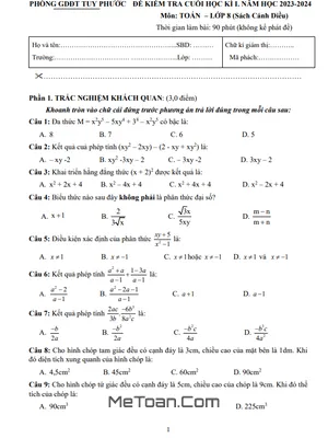Đề thi học kì 1 Toán 8 năm 2023 - 2024 phòng GD&ĐT Tuy Phước (Có đáp án)