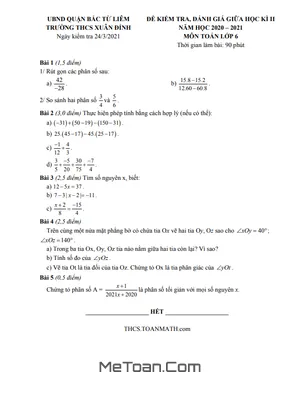Đề thi giữa kì 2 Toán lớp 6 năm 2020 - 2021 trường THCS Xuân Đỉnh - Hà Nội