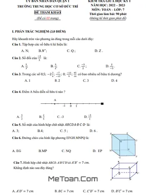 Đề Tham Khảo Giữa Học Kỳ 1 Toán 7 Năm 2022 - 2023 Trường THCS Đức Trí - TP HCM