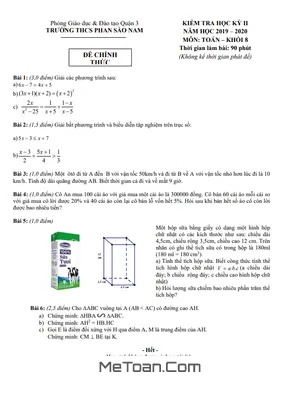 Đề thi HK2 Toán 8 năm 2019 - 2020 trường THCS Phan Sào Nam - TP HCM (Có đáp án)
