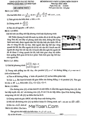 Đề khảo sát Toán 9 năm 2023 - 2024 phòng GD&ĐT Hai Bà Trưng - Hà Nội