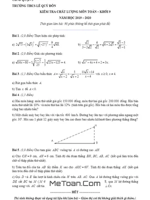 Đề Kiểm Tra Chất Lượng Toán 9 Năm 2019 - 2020 Trường Lê Quý Đôn - TP HCM