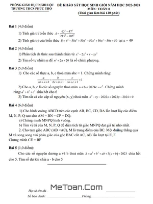 Đề thi học sinh giỏi Toán 8 năm 2023 - 2024 trường THCS Phúc Thọ - Nghệ An