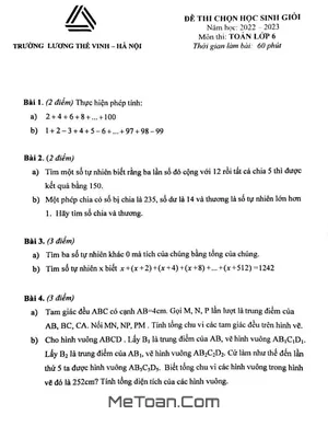 Đề Chọn Học Sinh Giỏi Toán 6 Năm 2022 - 2023 Trường Lương Thế Vinh - Hà Nội