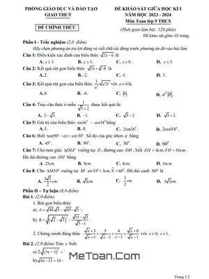 Đề thi giữa học kì 1 Toán 9 năm 2023 - 2024 phòng GD&ĐT Giao Thủy - Nam Định