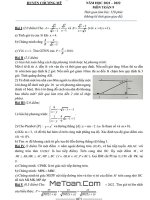 Đề thi học kì 2 Toán 9 năm 2021 - 2022 phòng GD&ĐT Chương Mỹ - Hà Nội