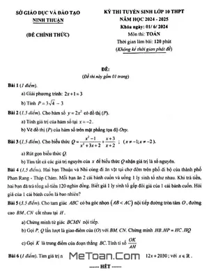 Đề thi tuyển sinh lớp 10 THPT môn Toán năm 2024 - 2025 Sở GD&ĐT Ninh Thuận
