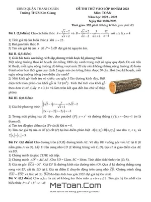 Đề thi thử Toán vào lớp 10 năm 2023 trường THCS Kim Giang – Hà Nội