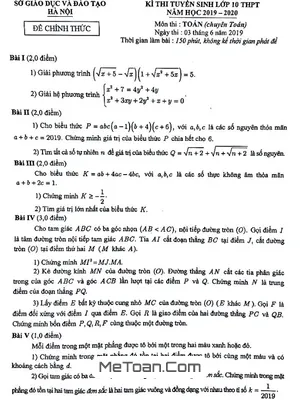 Đề thi Tuyển sinh Lớp 10 Chuyên Toán Hà Nội Năm 2019 - 2020 (Vòng 2)