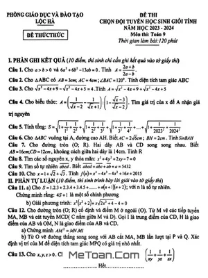 Đề thi học sinh giỏi Toán 9 năm 2023 - 2024 phòng GD&ĐT Lộc Hà - Hà Tĩnh