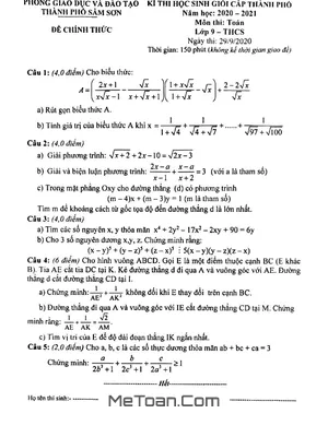 Đề thi HSG Toán 9 năm 2020 - 2021 phòng GD&ĐT Sầm Sơn, Thanh Hóa